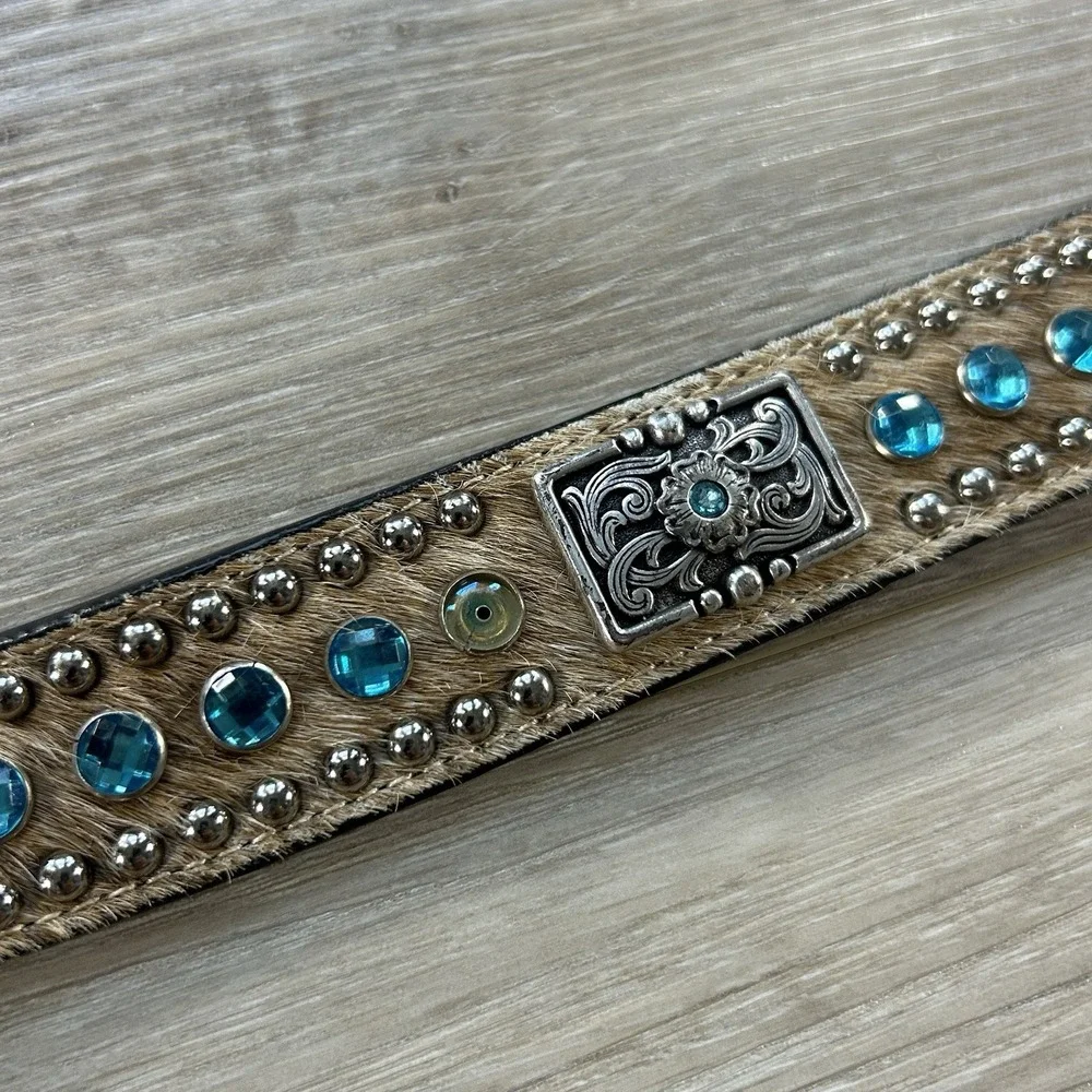 NOCONA Men 26 Leather Calf Hair-On-Hide Blue Crystals Concho Western Cowboy Belt